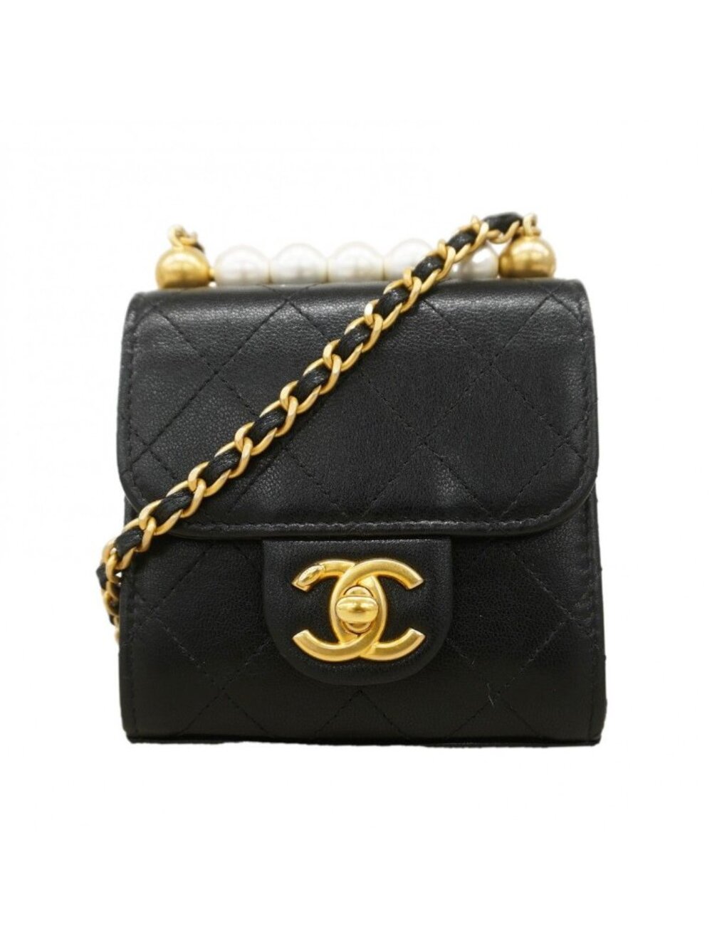 Chanel Shoulder Bag Quilted Lambskin Black Champagne Gold